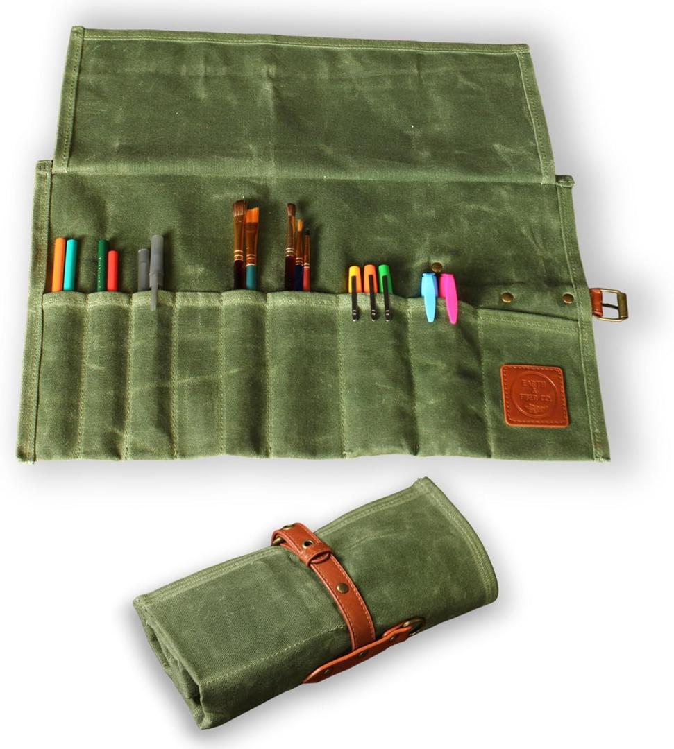 Earth & Fiber Co. Compact Waxed Canvas Paint Brush Holder - Portable Art Bag for Painting & Drawing - Art Supplies Organizer - Storage Roll Bag for Artists (green)