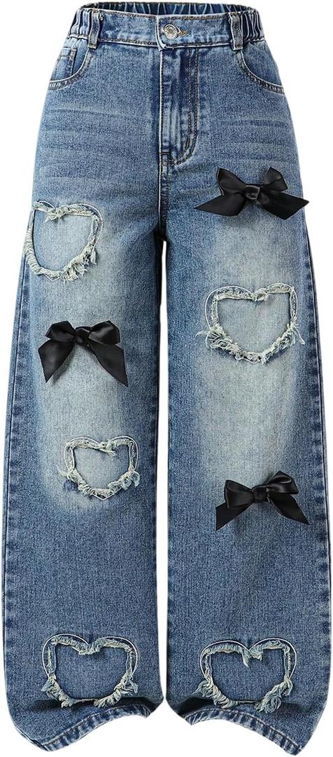 Girl's Heart Patched Baggy Jeans Y2k Bow High Waisted Straight Leg Denim Pants Streetwear 11Y