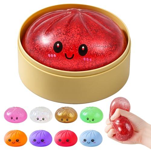 Dumpling Squishies, Glitter Dumpling Mystery Box, Colorful Dumplings Stress Balls Fidget Sensory Toy, Stocking Stuffers with Food Steamer Stretchy Desk Toys (Glitter red)