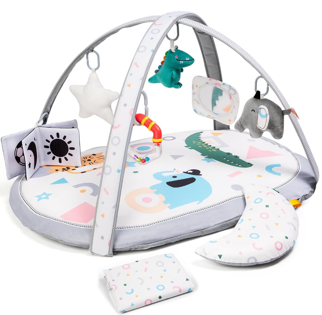 Lupantte 7-in-1 Baby Activity Gym, Baby Learning Toys Gym Mat with 6 Toys 2 Replaceable Washable Mat Covers,Baby Learn Mat, for Newborn