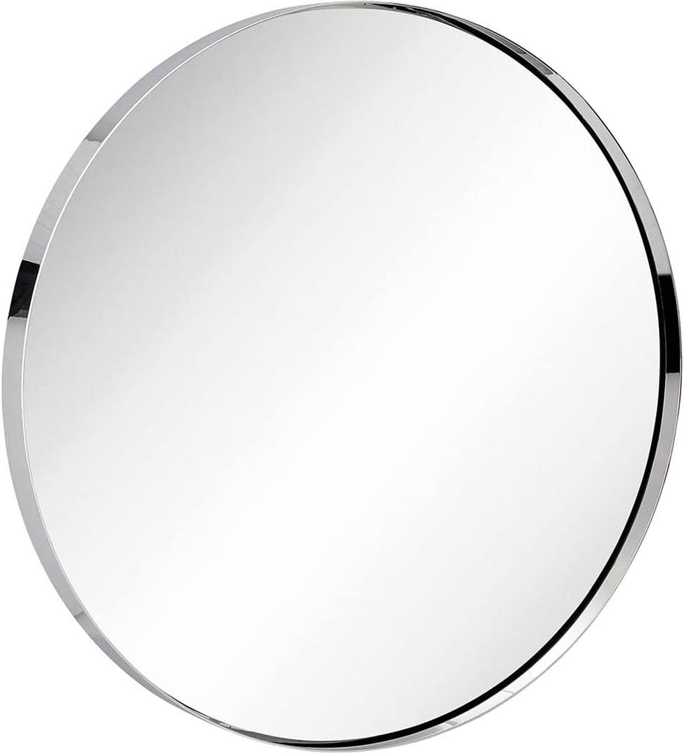 Hamilton Hills 30 Inch Polished Chrome Round Mirror for Bathroom - Circle Mirror - Brushed Metal Frame, Wall Mount Silver Polished Modern Round Mirror for Over Sink - Bath Mirrors for Bedroom, Hallway