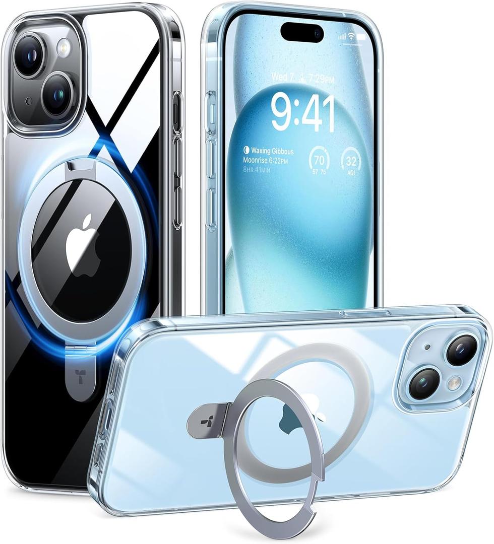 TORRAS Magnetic Kickstand for iPhone 15, 14, 13, & 16e Case [Fit for MagSafe][Sturdy & Versatile Stand] MilitaryGrade Shockproof Transparent Slim Protective AntiFingerprint AntiScratch, Clear