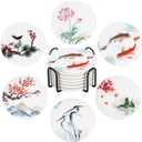 Drink Coasters for Drinks Set of 6, Traditional Oriental Ink Painting Absorbent Round Ceramic Stone Mat Coaster, with Cork Base and Metal Holder, Home Bar Decor House Warming Gift