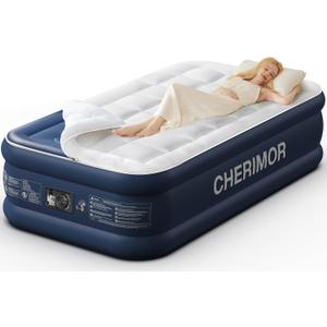 Cherimor Camping Air Mattress with Built in Pump - Twin Blow Up Mattress for Travel & Guests - Portable Bed Blue-Beige