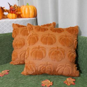 Windletgo Autumn Pumpkin Pillow Covers 18x18 Set of 2 Fall Thanksgiving Halloween Decorations Indoor Throw Pillow Case Soft Plush Faux Wool Cushion for Couch Sofa Bed Living Room (Caramel)