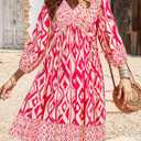 BTFBM Women Casual Spring Summer Dresses V Neck 3/4 Long Sleeve Ruffle Floral Flowy Boho Babydoll Mini Short Beach Dress (Pink, M)