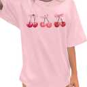 Pink Bow Cherries Shirt Women: Coquette Tops Clean Girl Aesthetic Shirts Casual Summer Short Sleeve Tshirt (X-Large)
