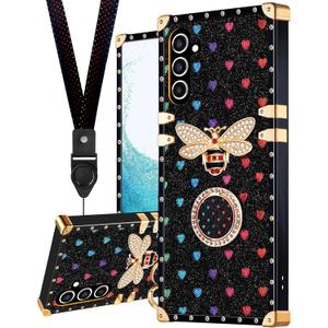 Loheckle for Samsung Galaxy S24 Case for Women Girls Teens Designer Cute Cases with Ring Stand Holder and Lanyard Stylish Aesthetics Bee Luxury Cover for S24