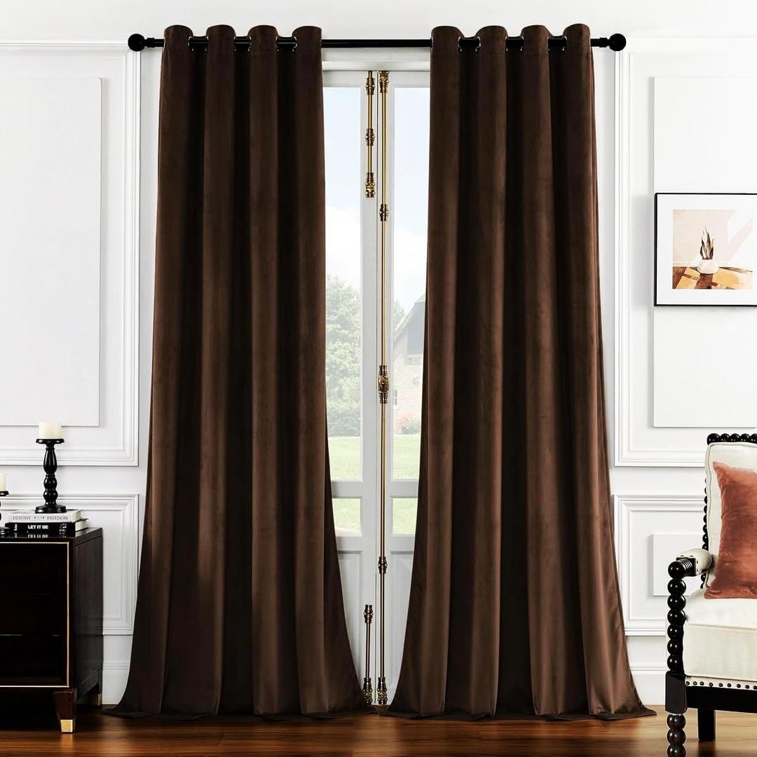 SMILETIME Brown 108in Long Luxury Velvet Curtain Panels with Grommet, Insulated Soft Privacy Noise Reducing Velvet Window Drapes Thicker Velvet Pinch Pleat Curtains for Living Room 2 Panels 52W x 108L