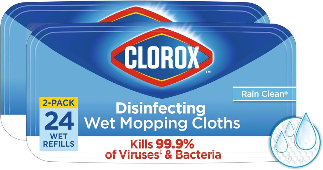 Clorox Disinfecting Wet Mop Pad, Disposable Mop Heads, Multi-Surface Floor Wipes, Rain Clean, 2 Packs, 24 Wet Refills Per Pack 