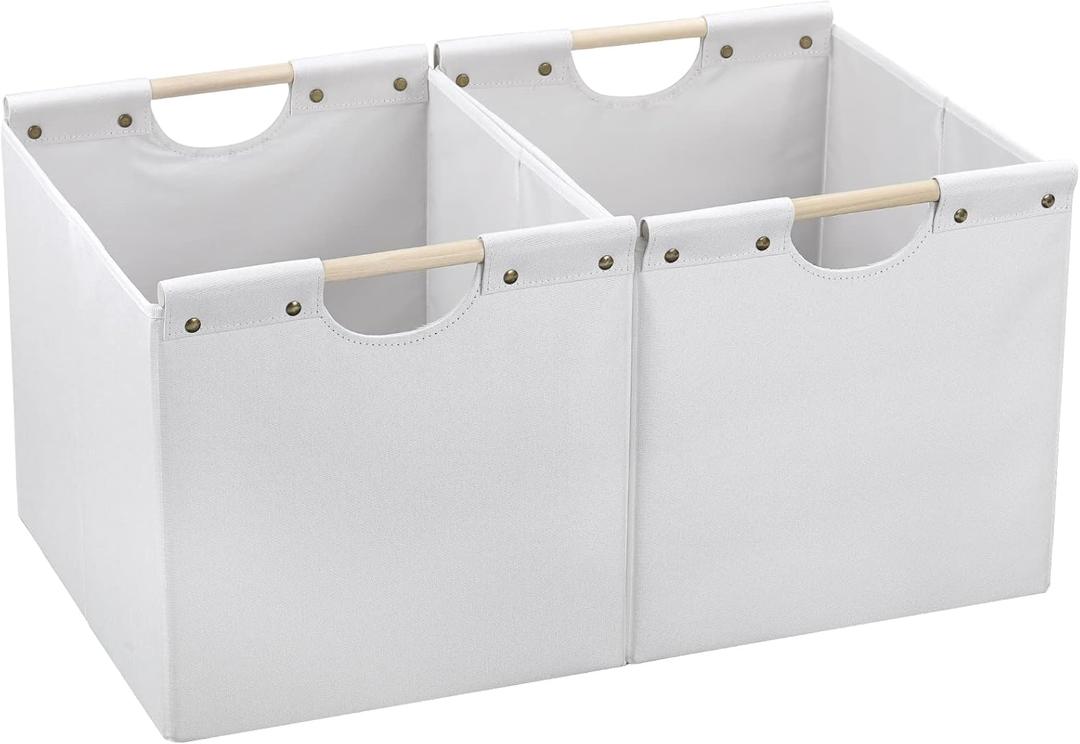 HOONEX Large Collapsible Storage Bins, Linen Fabric, Pack of 2, Storage Baskets with Wooden Carry Handles and Sturdy Heavy Cardboard, for Home, Office, Car, Nursery, White