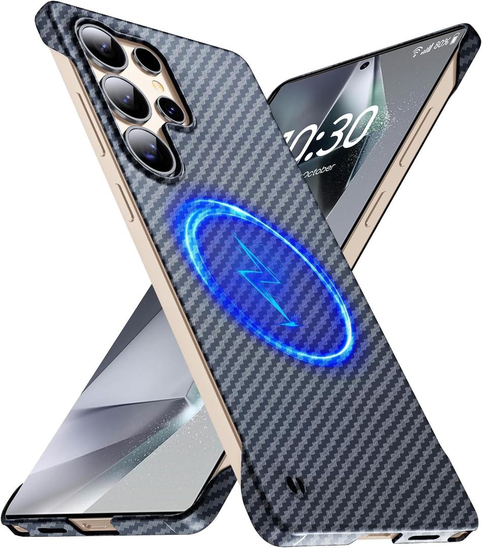 Magnetic Ultra-Thin Frosted Soft Touch Skin Borderless Carbon Fiber Bump Texture for Samsung Galaxy S25 Ultra Case 6.9" Slim Minimalist Lightweight Frameless Matte Hard Cover Case-Black