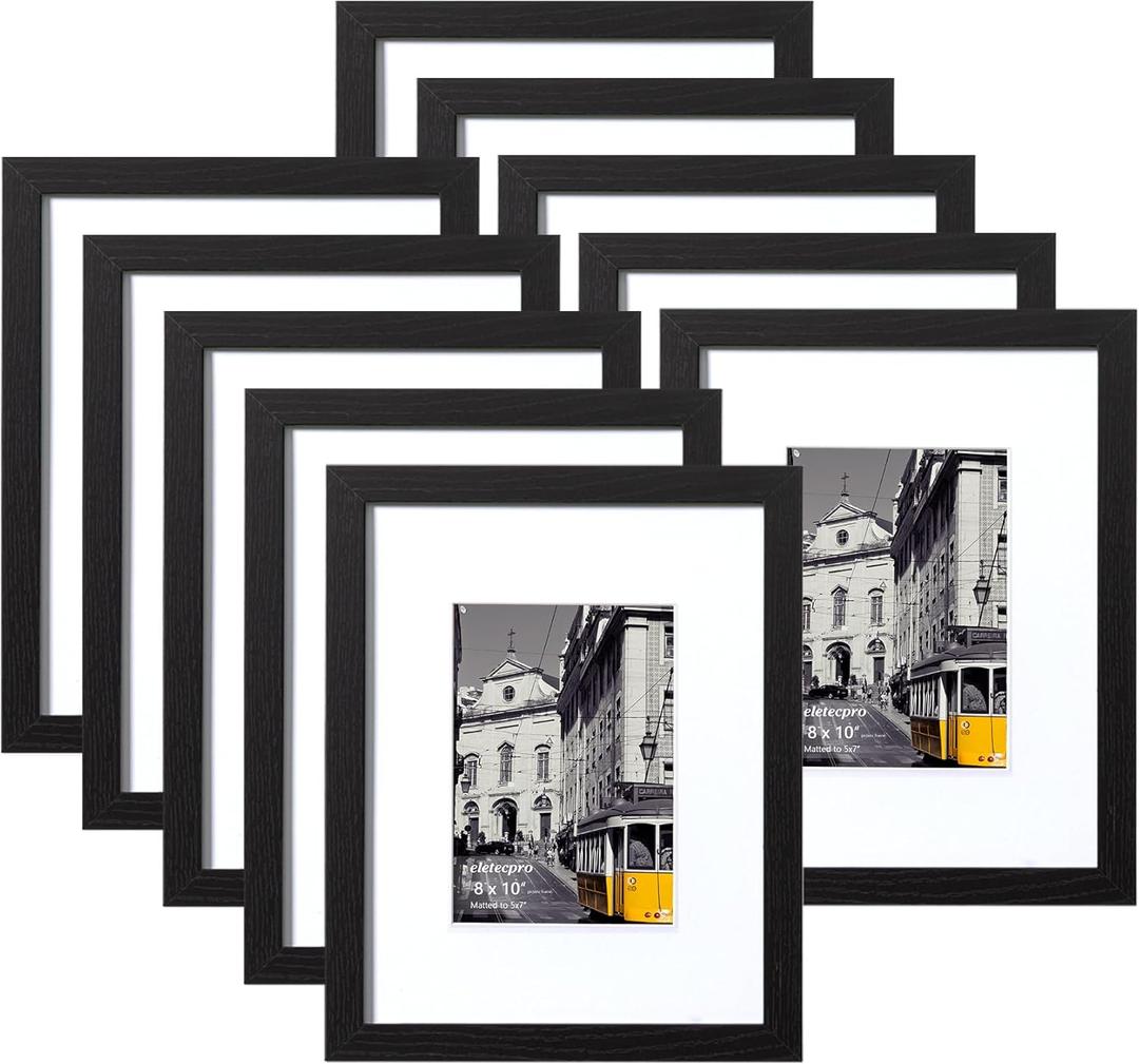 eletecpro 8x10 Picture Frames Set of 10 with Clear Acrylic Cover, Gallery Wall Decor, Displays 5x7 Photos with Mat or 8x10 Without, Horizontal or Vertical for Tabletop and Wall, Black