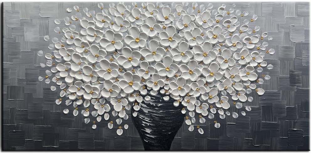 YaSheng Art - Oil Painting Wall Art hand painted White Floral Artwork 3D Thick Texture Black and White Floral Vase Canvas Wall Art Modern Abstract Art Home Bedroom, Dining Room, Living Room, Office Wall Decor 24x48inch