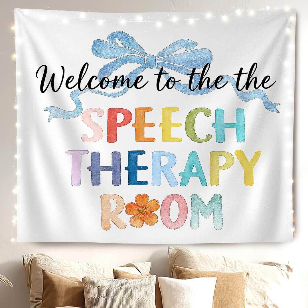 MKYFHSVGD Boho Speech Therapy Room Welcome Tapestry Wall Hanging, Coquette Blue Bow Speech Therapist Mental Health Wall Tapestry for Therapy Office Classroom Decorations, 50x60 Inch