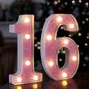 Pink Glitter 16 LED Light Up Numbers - Sweet 16th Party Decorations for Girls, Battery Powered Marquee Numbers for Birthday Night Light & Home Decor