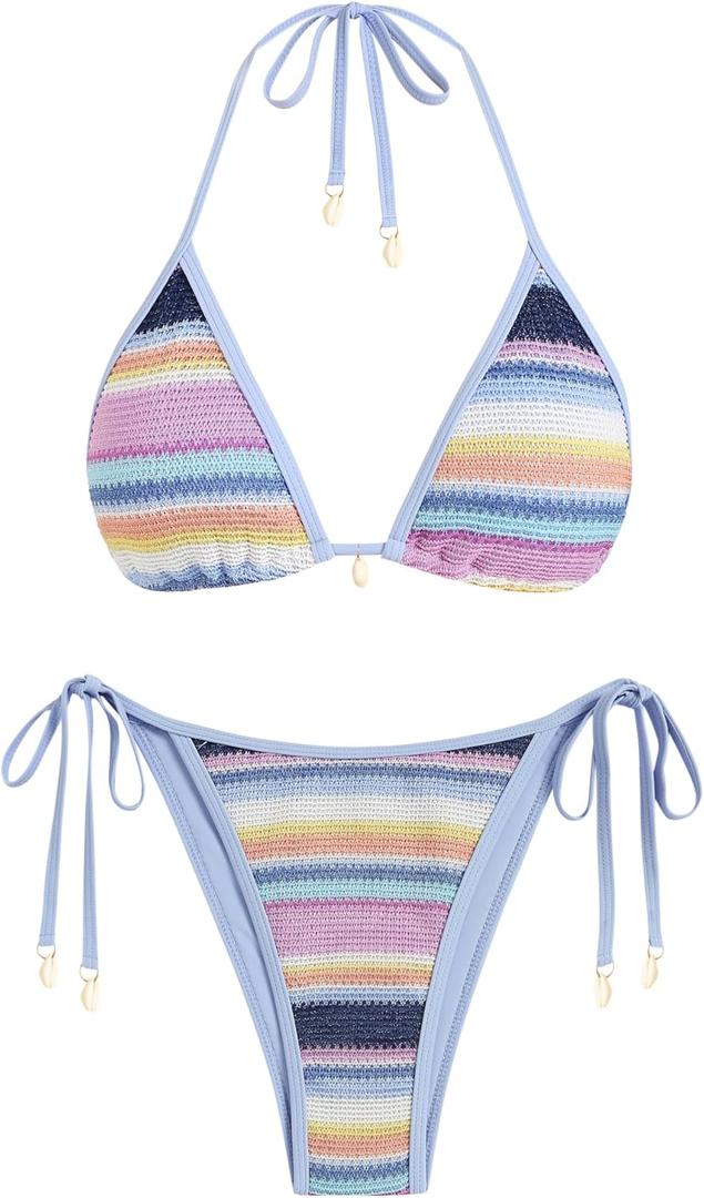 ZAFUL Women's Colorblock Stripes Triangle Halter Tied Cheeky Thong Bikini Set High Cut Two Piece Bathing Suit (Blue, M)