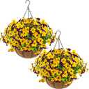 lovemoon 2 Set Artificial Outdoor Pansies Flowers with Hanging Baskets, 2 Hanging Planters with 24 Pcs Silk Pansy Flowers for Spring Easter Decorations Porch Patio Home Decor (2, Purple, Yellow)