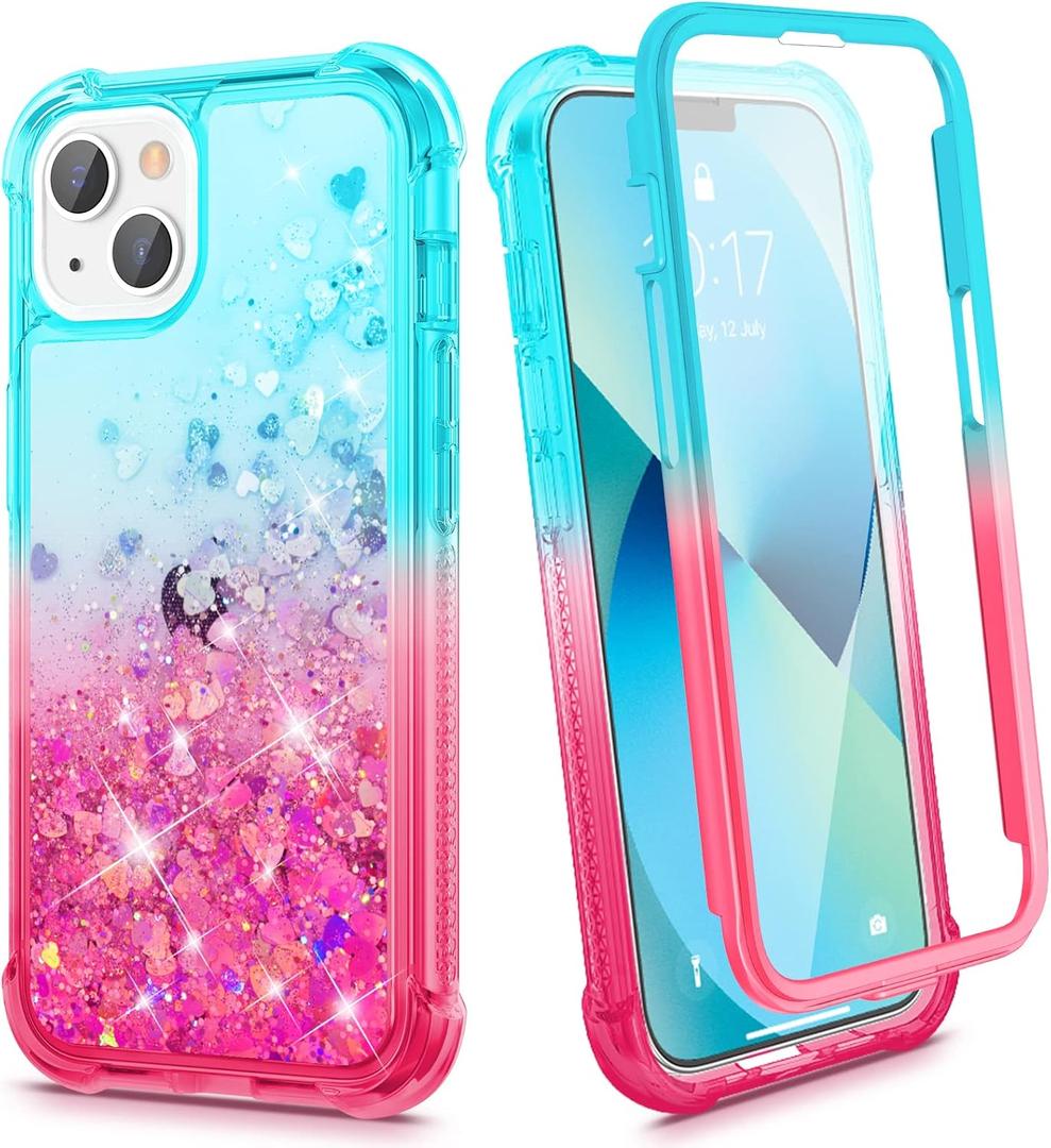 Ruky iPhone 13 & 14 Glitter Case, Full Body Rugged Cover with Built-in Screen Protector, Shockproof Protective Girls Women Case for iPhone 13 & 14 6.1', Teal Pink