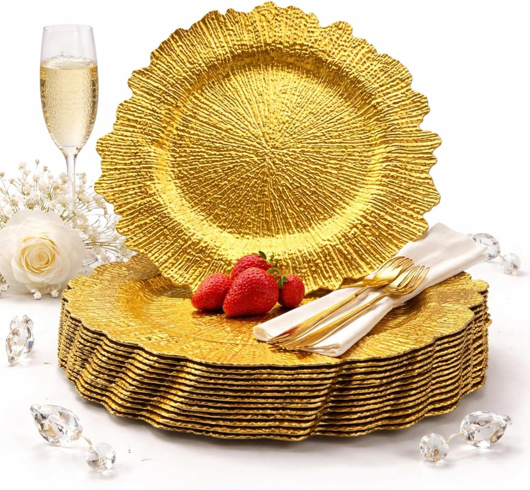 Gold Charger Plates Set of 15, Reef Gold Chargers for Dinner Plate, Round Plastic Table Chargers for Thanksgiving, Christmas, Mothers Day,Wedding(15)