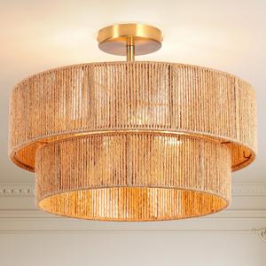 18''Boho RattanCeiling LightHandwoven Semi Flush Mount Fixture for Bedroom,Living Room, Kitchen, Hallway, Dining Room