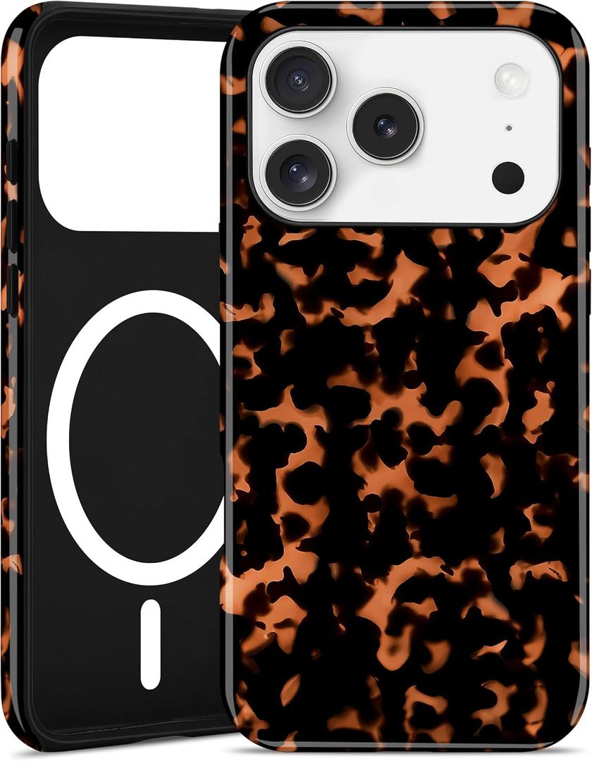 Jusy Compatible with MagSafe Brown Tortoise Shell Print Phone Case for iPhone 17 Pro, Amber Trendy Luxury Magnetic Soft TPU and Hard PC Protective Phone Cover for Women Girls - Turtle Shell