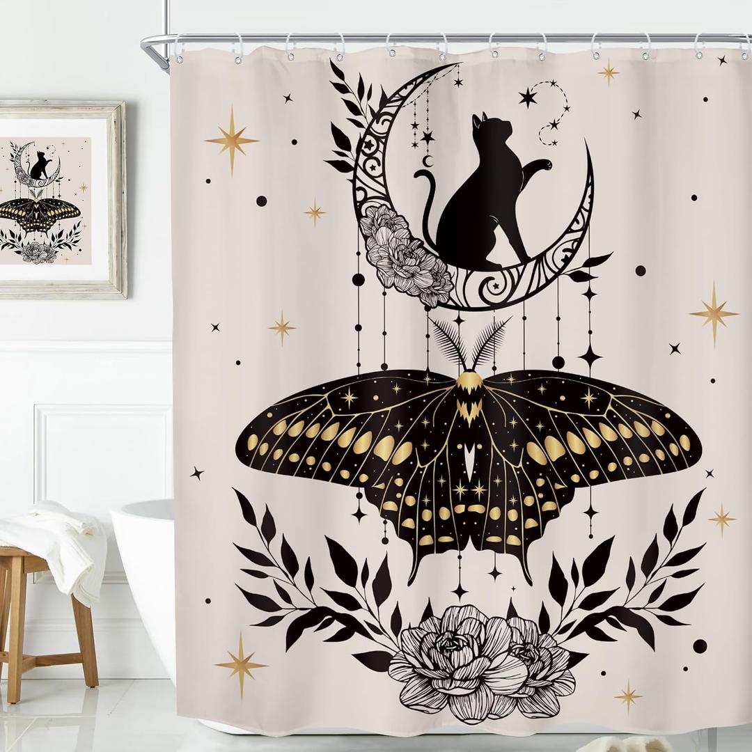 KOMLLEX Boho Cat Moth Shower Curtain for Bathroom Decor 60Wx72H Inches Vintage Tarot Sun Star Goth Gothic Mystic Moon Phase Witchy Floral Leaves Fabric Waterproof Polyester 12 Pack Hooks