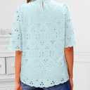 BETTE BOUTIK Womens Lace Tops 2025 Trendy Long Short Sleeve Eyelet Embroidered Dressy Casual Blouse Shirts (Blue, M)