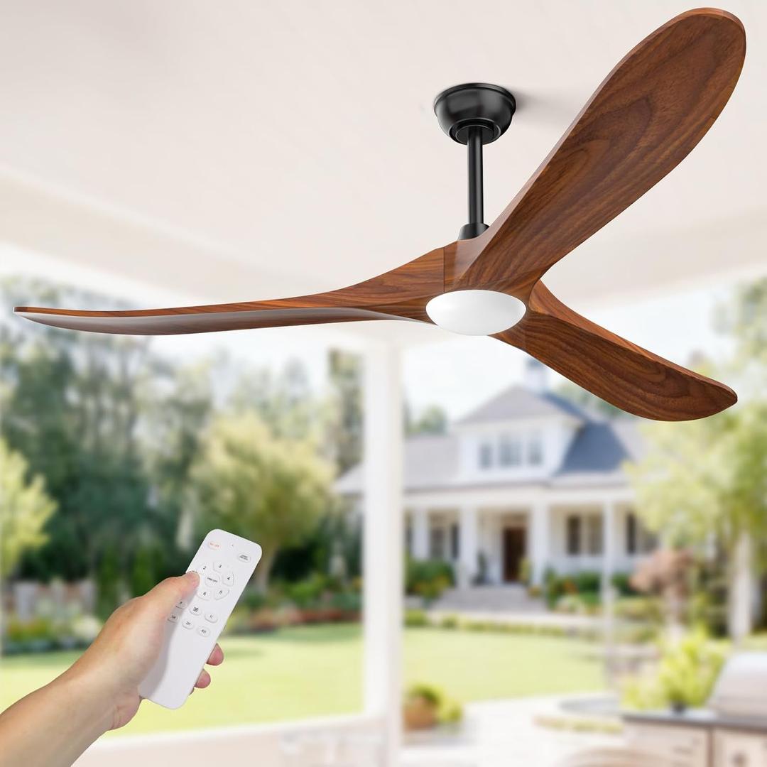 Obabala 60" Outdoor Ceiling Fan with Light and Remote, Solid Wood 3-Blade Ceiling Fan with DC Motor for Patio and Farmhouse, Dark Walnut, 60in