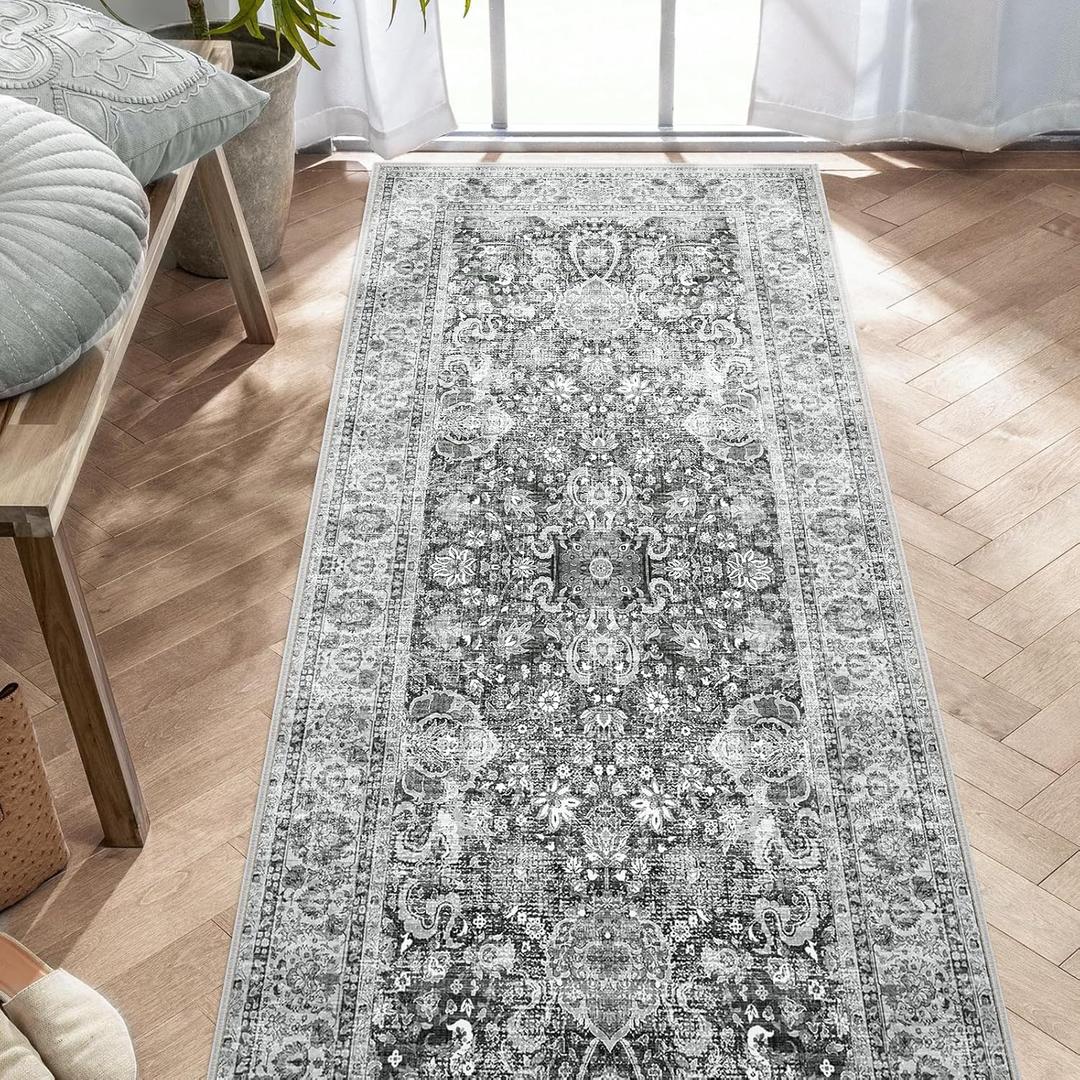 Grey 3x7 Ft Washable Hallway Runner - Non-Slip, Boho Vintage Design with Rubber Backing - Soft, Distressed for Kitchen, Bedroom