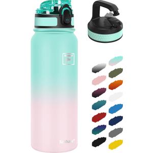 Fanhaw 20 oz Insulated Stainless Steel Water Bottle with Anti-Dust Chug Lid & Carabiner Lid, Leakproof Vacuum Metal Bottle for Kids, Teens & Adults, Back to School Essentials (Green Pink)