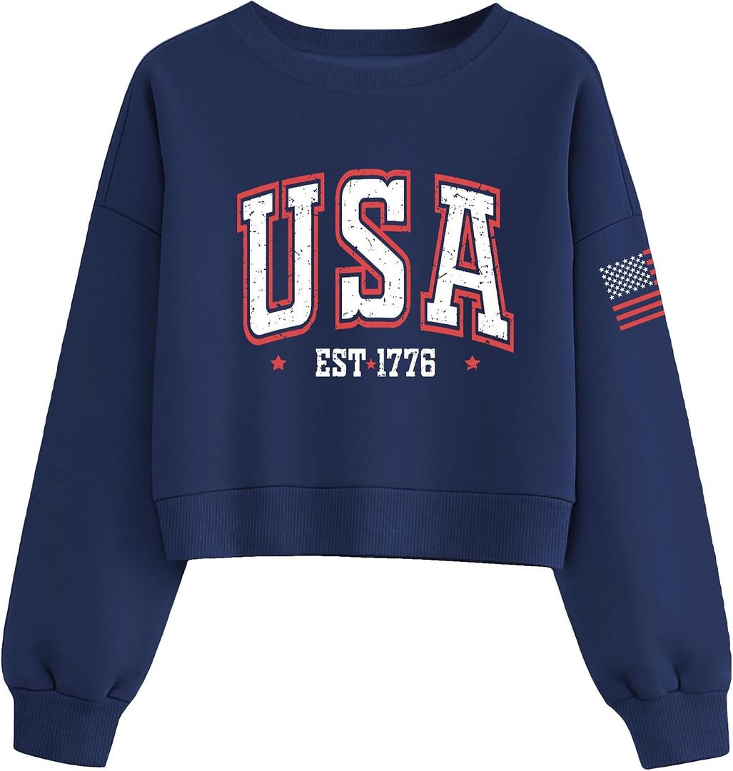 USA Sweatshirt Women Cropped 4th of July Pullover American Flag Crewneck Sweatshirts Patriotic Ribbed Hem Crop Tops, Small