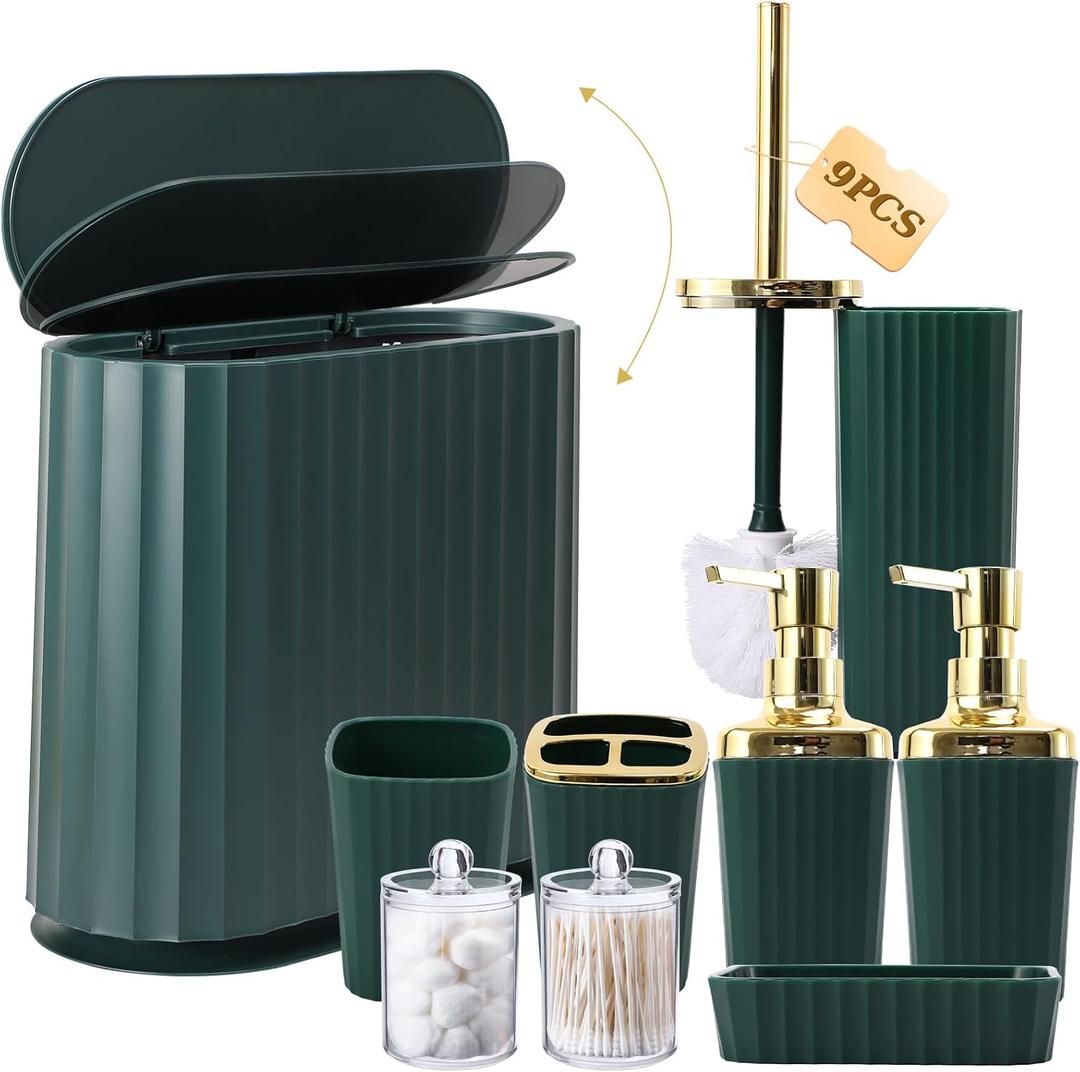 Dark Green and Gold Bathroom Accessories Set 9PCS, Bathroom Sets Slim Narrow Trash Can with Press Top Lid, Toilet Brush, Soap Dispenser, Toothbrush Holder Set, Soap Dish, for Bathroom, Kitchen