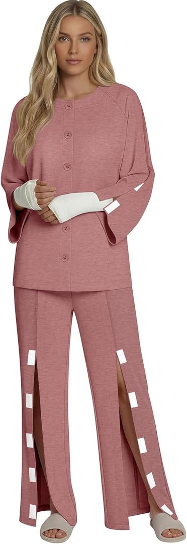 Women's Bedridden Clothes Tear Away Post Suits Full Opening on Both Sides Long Sleeve Hospital Gowns (Large, Red)