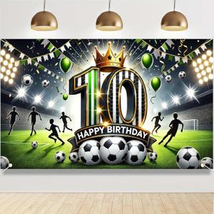 Happy 10th Birthday Banner Soccer Themed Party Backdrop 10th Birthday Party Decorations for Boys Soccer Photo Booth Props Background for Girls Teens Football 10th Anniversary Party Supplies (71 x 43 inches)