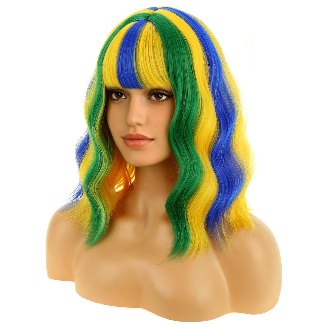 BERON 14 Inches Yellow Blue and Green Wig with Bangs Short Curly Wig Flag Wigs Yellow Blue Mix Green Curly Wigs for Women Daily Party or Cosplay Hairnet Include
