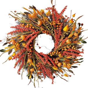 WANNA-CUL 24 inch Fall Wreath Decor for Front Door with Pumpkins, Hawthorn,Grain,Lantern Fruit,Berries,Eucalyptus Leaves, Large Harvest Door Wreath for Autumn or Thanksgiving Decoration