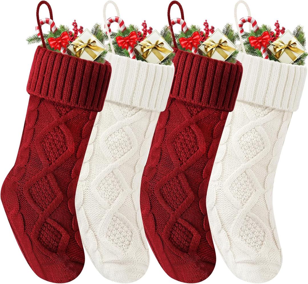 Christmas Stockings 18 Inches,Long Knitted Socks Christmas Decoration Hanging Stocking Fireplace Xmas Tree Stocking for Home Family, 2 Red, 2 White