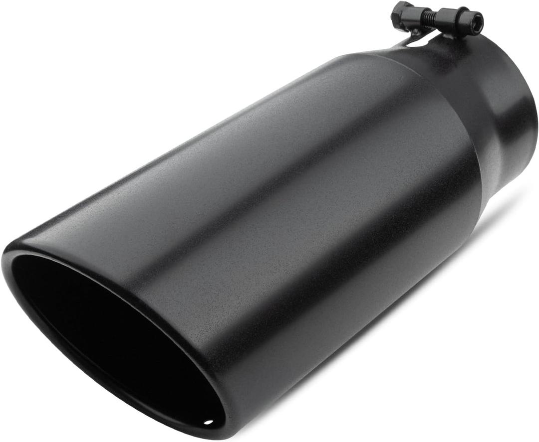 Vurkcy 4 inch Inlet Exhaust Tip, 5" Outlet 12" Overall Length Stainless Steel Exhaust Tail Pipe, Bolt-On, Rolled Edge, Slant Sleek Angle Cut, Polished Tailpipe, Black
