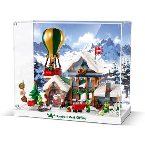 Acrylic Display Case for Lego Santa's Post Offic Building Set -Christmas Dcor Display Box for Lego 10339, Clear Acrylic Plate with Base & HD Painted Background (Not Included The Model)