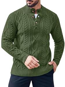 Gafeng Mens Mock Neck Pullover Sweater Casual Slim Fit Cable Knit Button Up Thermal Lightweight Winter Sweaters Knitwear Army Green, Medium