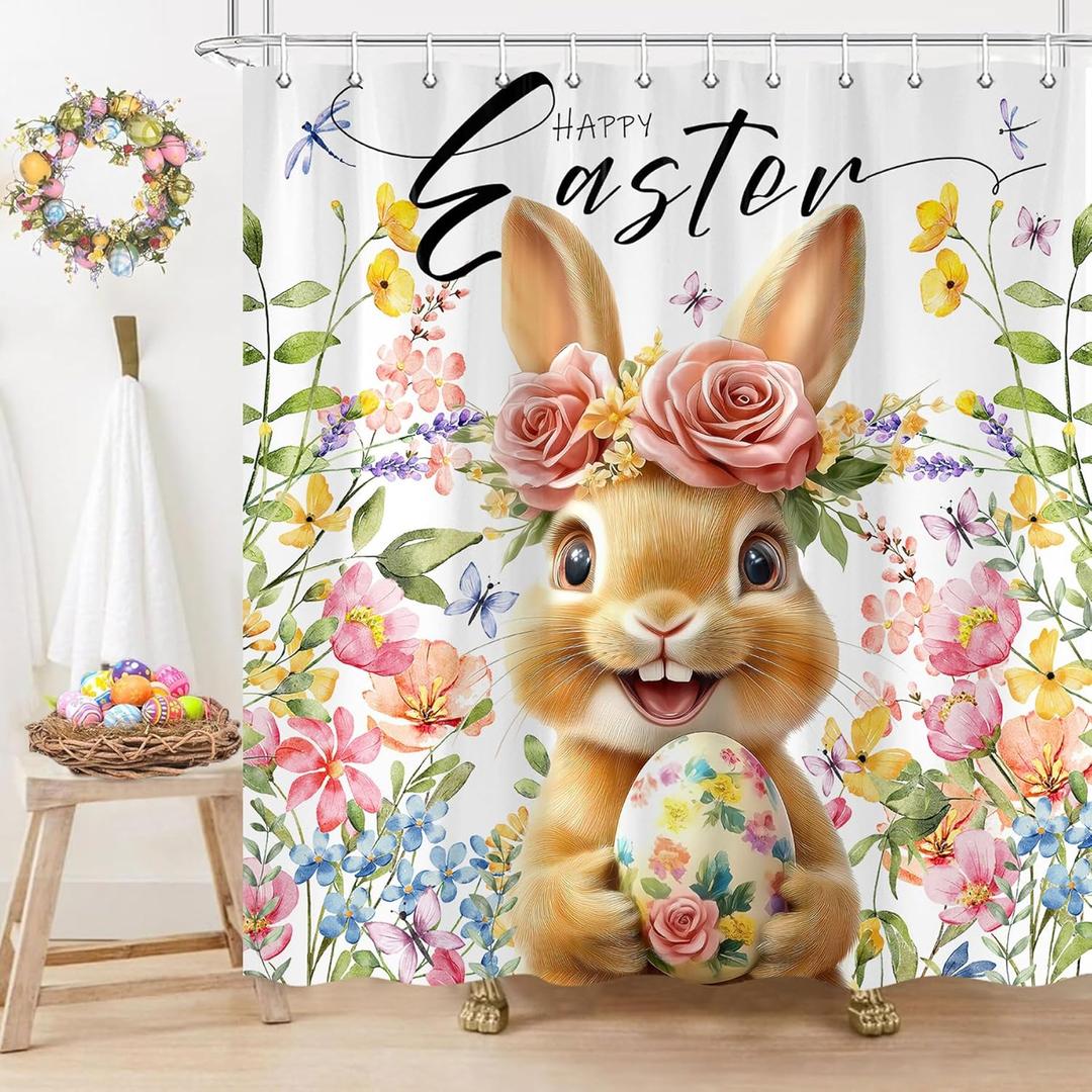Spring Easter Bunny Shower Curtain, Happy Easter with Cute Rabbit Eggs Flower Shower Curtain for Bathroom, Colorful Floral Animal Farmhouse Spring Holiday Bath Curtain with Hooks, 69X70IN