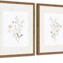 Neutral Wildflower Wall Art Set of 2, Vintage Flower Botanical Wall Decor Painting, Rustic Cottagecore Striped Floral Prints Pictures for Living Room Bedroom 16x24 Inch Framed