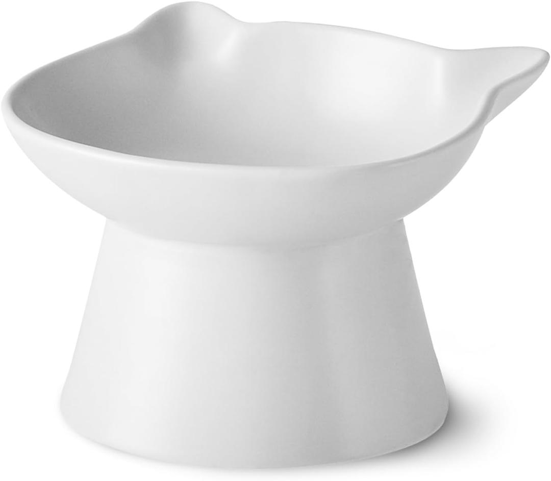 Ceramic Elevated Cat Bowl, Raised Cat Food Water Bowl for Indoor Cats with Stand, Titled Anti-Vomiting Cat DishWhisker Friendly, All Life Stage (White)