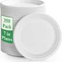 Vplus 350 Pack Paper Plates 7 inch 100% Compostable, Heavy-Duty Disposable Paper Plates Bagasse Natural Biodegradable Eco-Friendly Sugarcane(White)