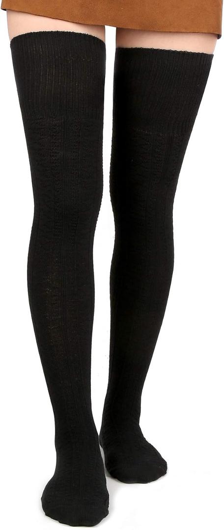 Moon Wood Women Thigh High Socks Extra Long Cotton Knit Warm Thick Tall Long Boot Stockings Leg Warmers (One Size, 1 Black)