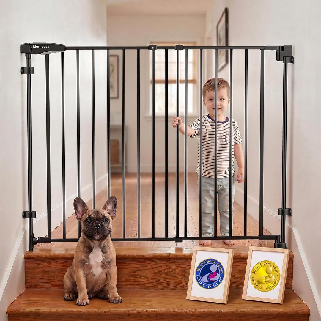 Mumeasy 36" Tall Baby Gate for Stairs, 29.5-43.3" Expandable Hardware Mounted (Drill Needed), Removable No Bottom Bar Dog Gate, Auto Close Wide Walk Thru Safety Gate for Doorways, Pets& Toddlers,Black