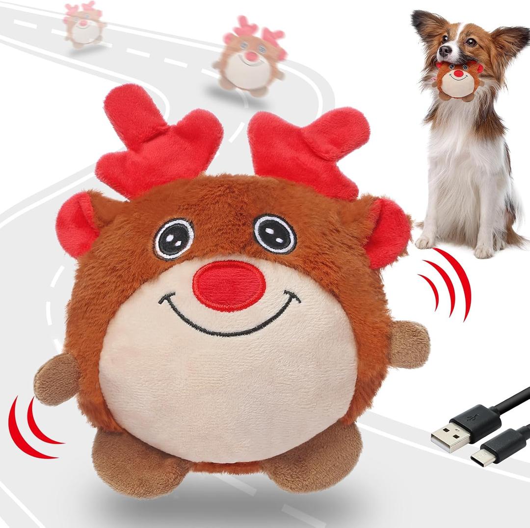 Senneny Christmas Dog Toys, Interactive Dog Toys Reindeer, Random Path Electric Automatic Moving and Rolling Dogs Toy, MotionActivated Dog Ball with Plush Cover USB Rechargeable