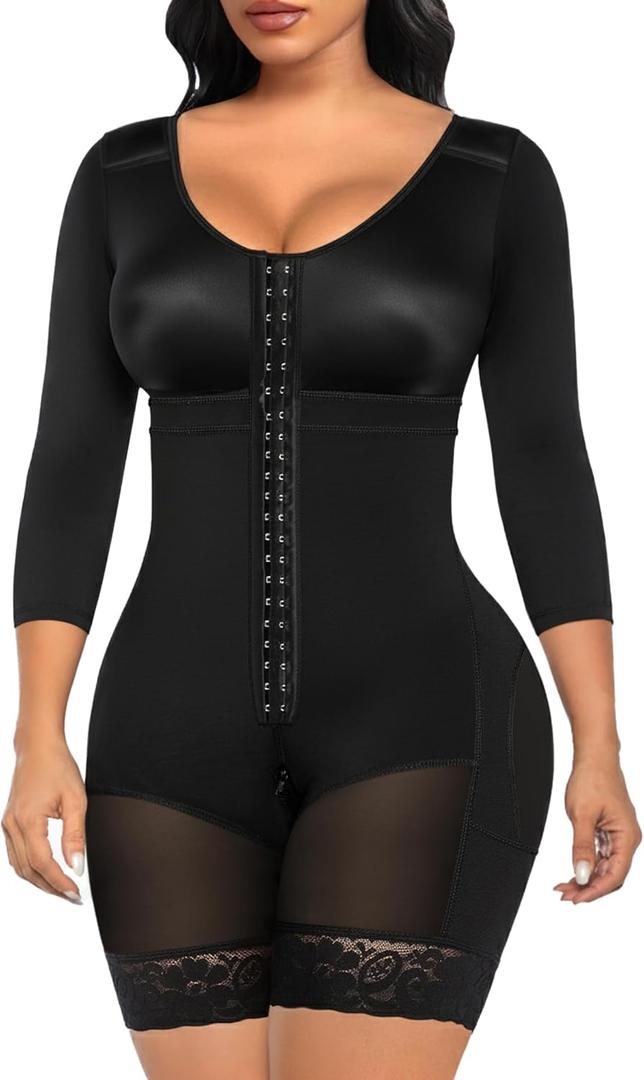 SHAPERX Women's Fajas Colombianas Shapewear Postpartum Tummy Control Arm Slimming Full Body Shaper with Zipper Crotch (Large, Black)