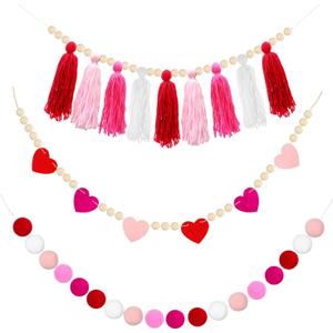 1 Piece Boho Tassel Garland 1 Piece Pom Pom Garlands Balls Garland and 1 Piece Wooden Bead Garland with Felt Heart for Valentine's Day Ornament Wedding Boho Home Party Baby Shower Supplies